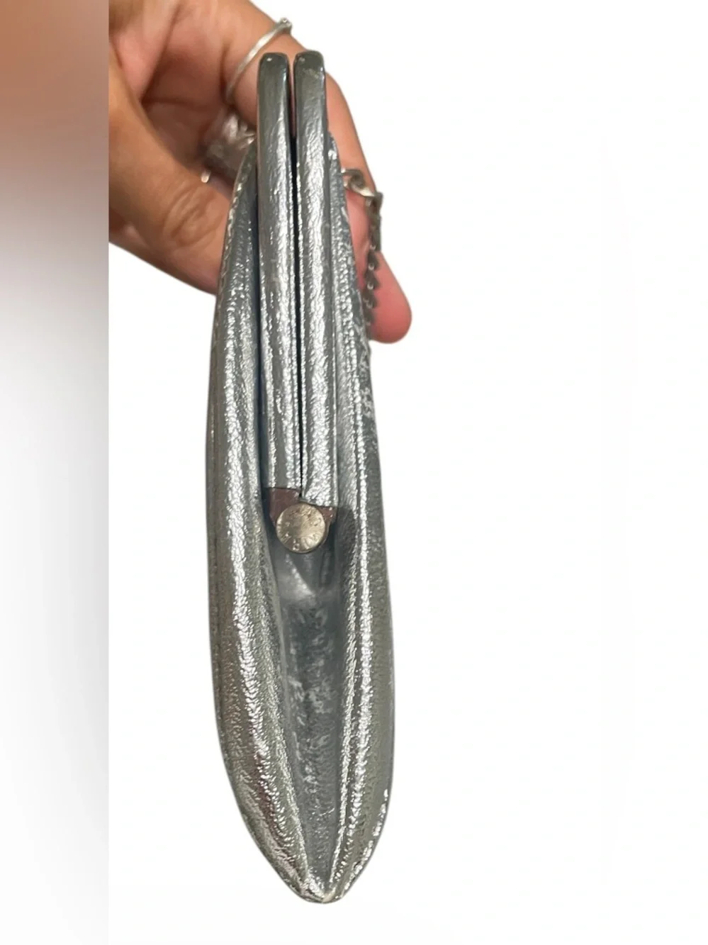 Vintage Silver Metallic Frame Clutch Evening Bag Chain Handle